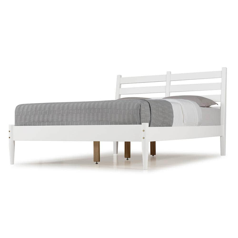 Camaflexi Mid Century Slat Bed Solid Wood Bed Frame with Headboard, King, White
