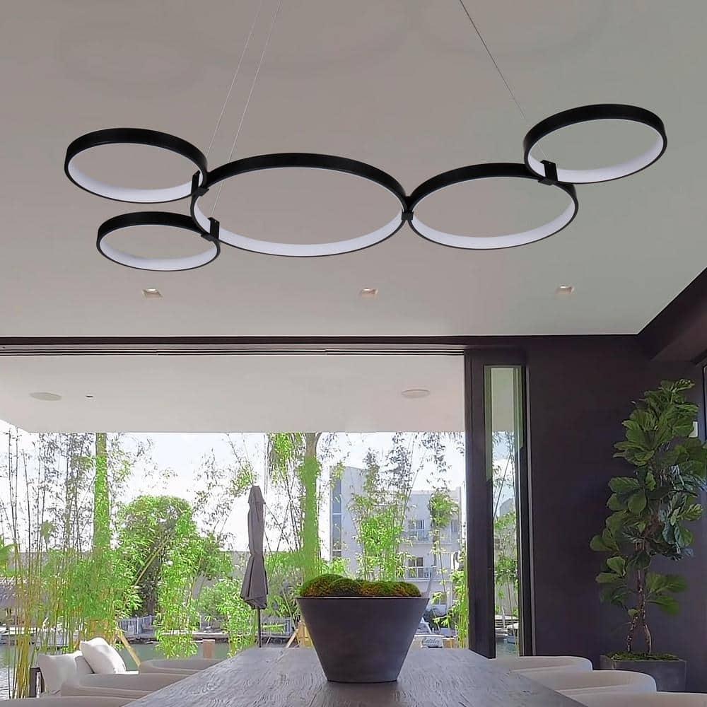 Capella 50-Inch Black Modern LED Multi-Ring Adjustable Chandelier