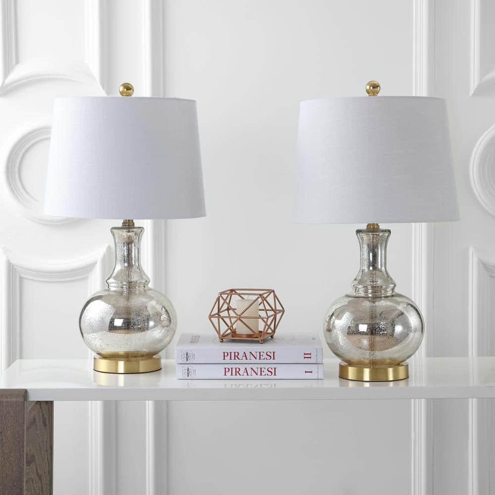 JONATHAN Y Lavelle 25" Glass LED Table Lamp, Mercury Silver/Brass Gold (Set of 2)