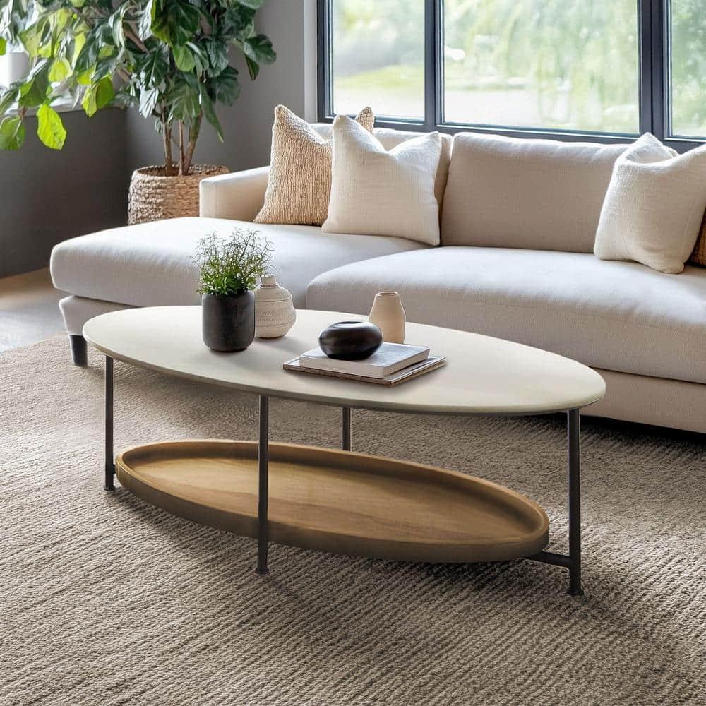 Blandford Coffee Table White/Natural - Madison Park: Metallic Finish, Open Shelf, Oval Shape for Living Room