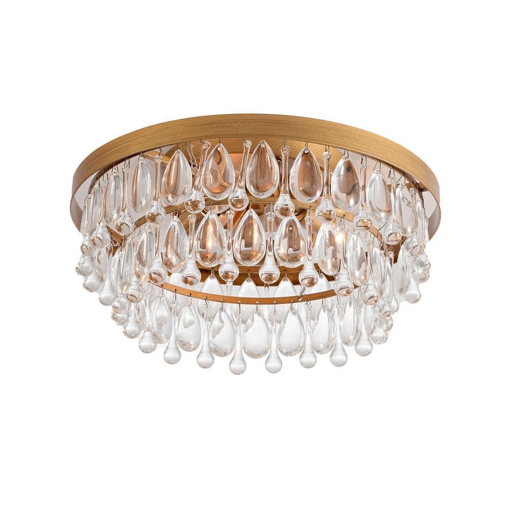 The Lighting Store Viviana Black 3-light Flush Mount with Crystal Glass Teardrops Brushed Brass