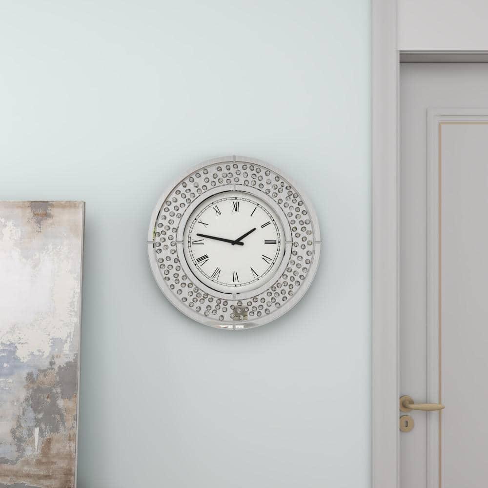 Rosdorf Park Ansonia Glass Mirrored Decorative White Wall Clock with Floating Crystals