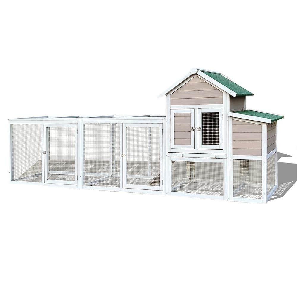 122 in. Large Gray Wood Chicken Coop Hen House Pet Rabbit Hutch Wooden Pet Cage Backyard with Nesting Box