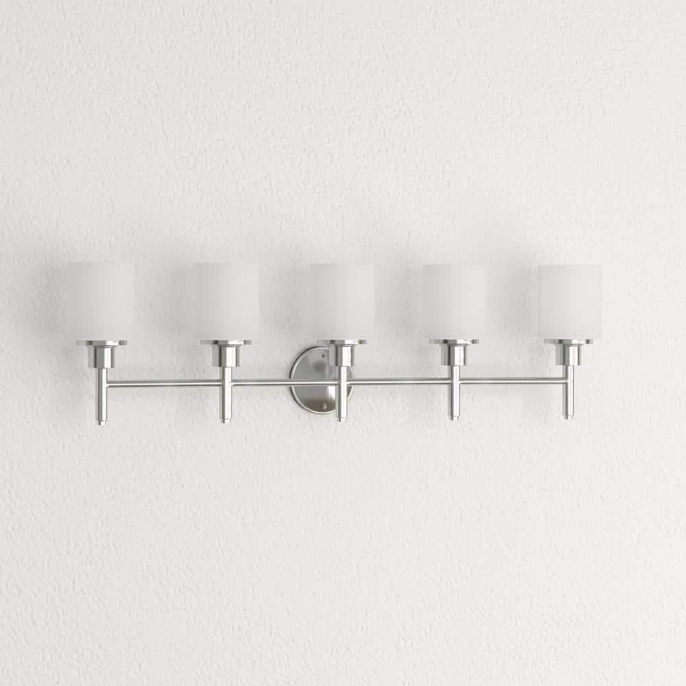 Design House 556225 Aubrey Transitional 5-Light Indoor Bathroom Vanity Light Dimmable Frosted Glass for Over the Mirror, Satin Nickel