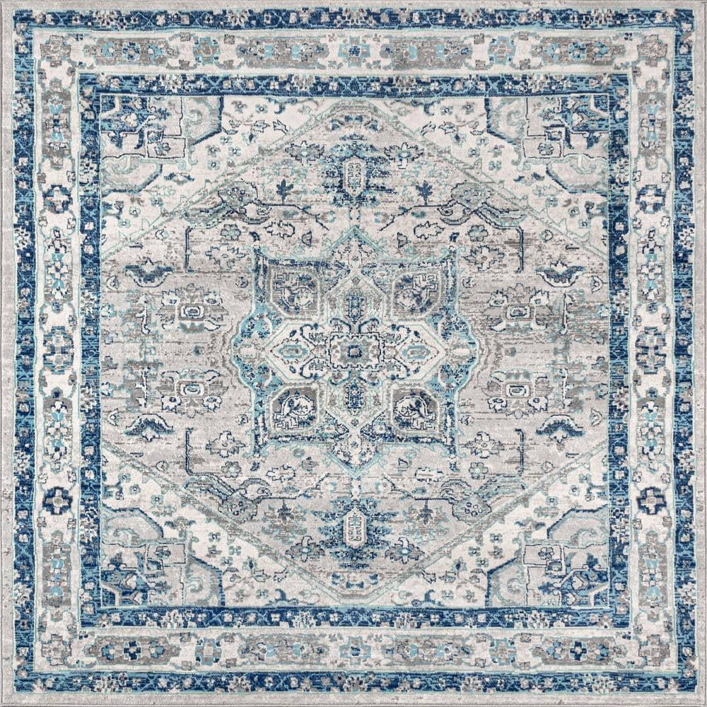 5'x5' Modern Persian Vintage Medallion Area Rug, Light Grey/Blue - JONATHAN Y