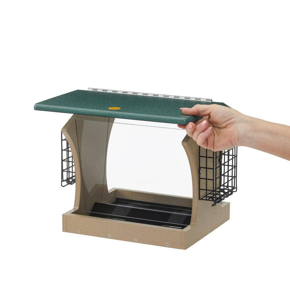 Large Green and Taupe Recycled Plastic Hopper Feeder with Suet Cages
