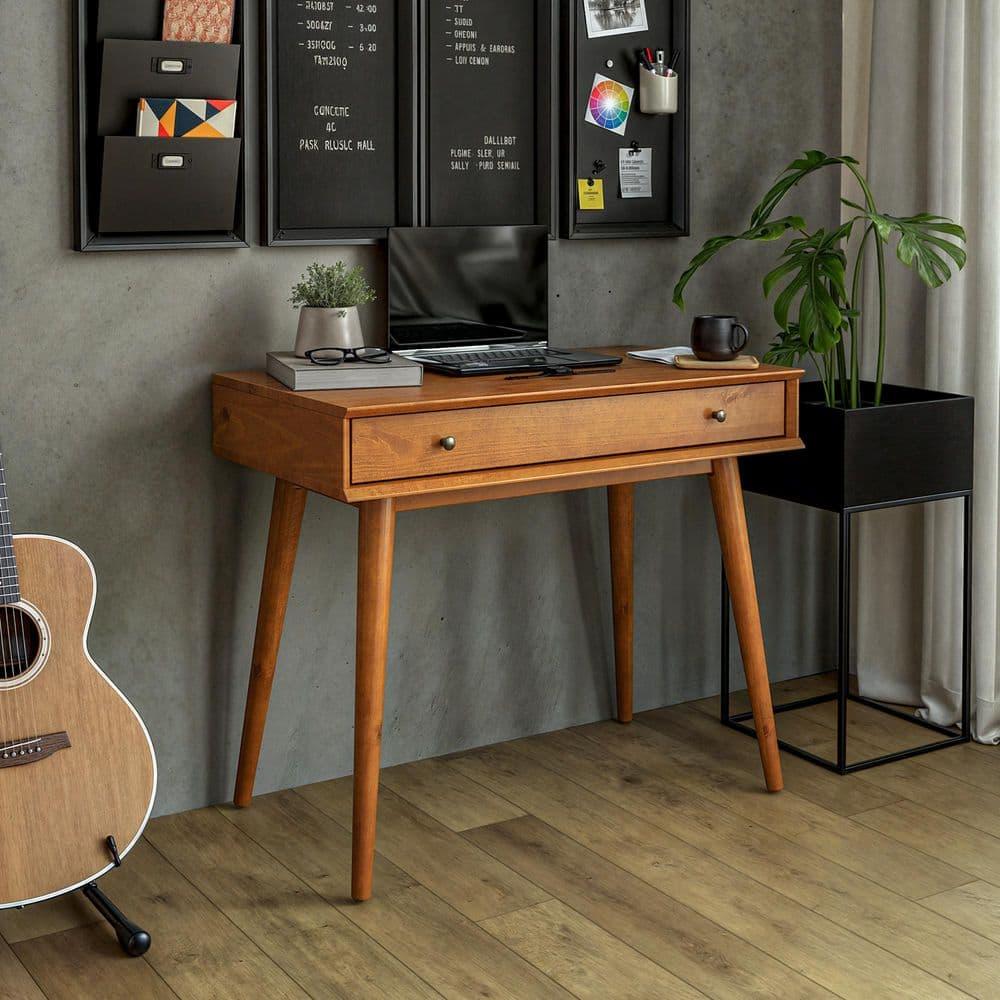 Camaflexi Mid Century Modern Desk Solid Wood Writing Table for Small Spaces, Brown
