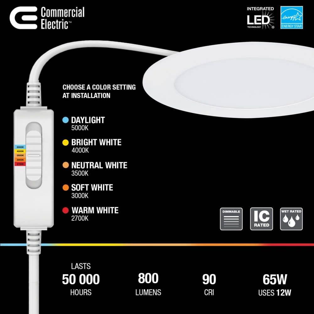 Commercial Electric 91478 Ultra Slim 6 in. Color Selectable New Construction and Remodel Canless Recessed Integrated LED Kit White - pack of 4