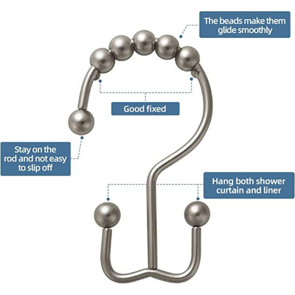 Titanker Shower Curtain Hooks Rings, Rust-Resistant Metal Double Glide Shower Hooks for Bathroom Shower Rods Curtains, Set of 12 Hooks - Matte Nickel