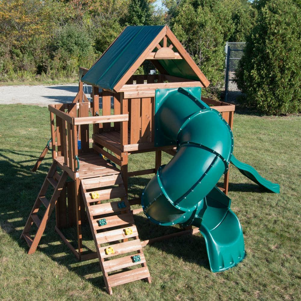 Swing-N-Slide Tellico Terrace Wooden Backyard Swing Set with Tube Slide, Wave Slide, Climbing Wall, and Swings