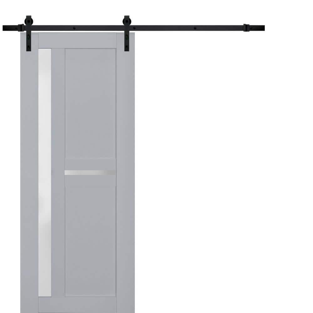 Sturdy Barn Door Frosted Glass | Veregio 7288 Matte Grey | 6.6FT Rail Hangers Heavy Hardware Set | Solid Panel Interior Doors-30" x 84"-Black Rail