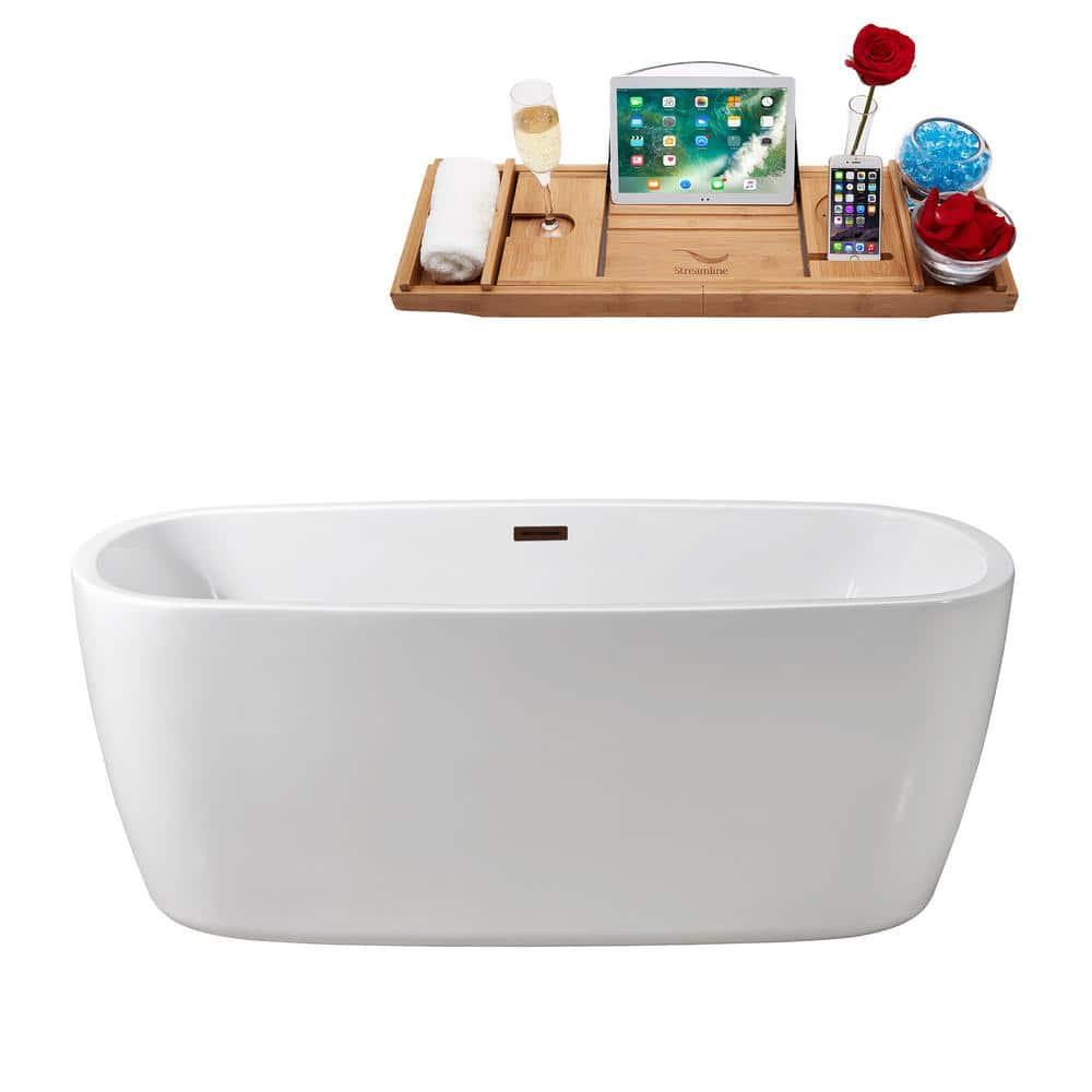 Streamline Bath 60" Streamline Freestanding Soaking Acrylic Bathtub With Drain and Bamboo Tray N240BNK