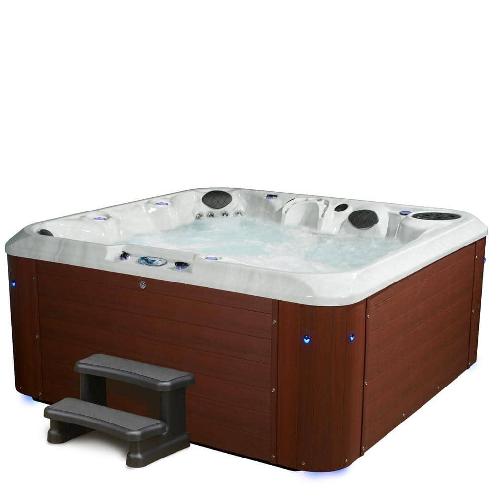 Amplified 6-Person 100-Jet Double-Lounger Hot Tub Spa with Bluetooth Stereo, 3 Pumps, LED Lighting, Stainless Steel Heater and Ozonator, Insulated Cover and Steps Included