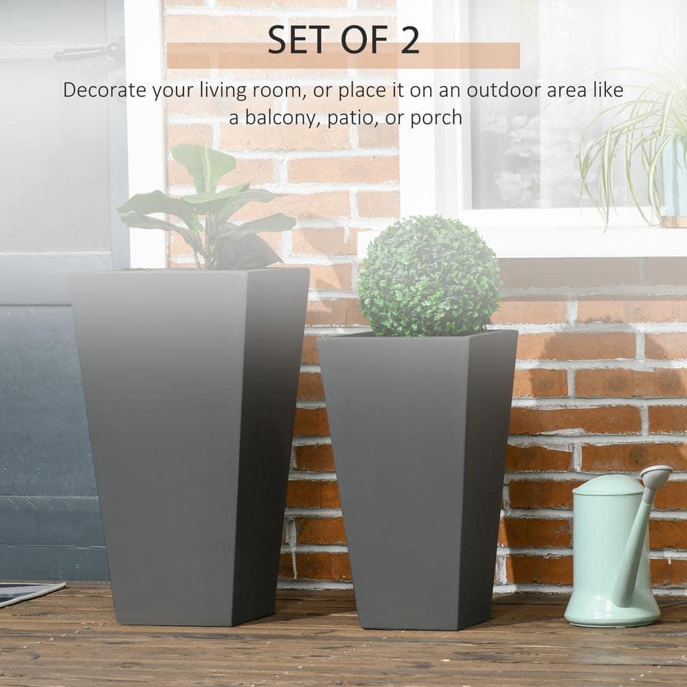 Outsunny 2-Pack MgO Flower Pots with Drainage Holes, Outdoor Planters, Durable & Stackable, for Entryway, Patio, Yard, Garden, Gray