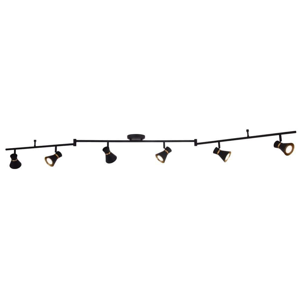 Alto 6 Light LED Matte Black with Gold Satin Brass Accents Mid-Century Modern Swing Arm Directional Ceiling Spot Fixture with Metal Shades