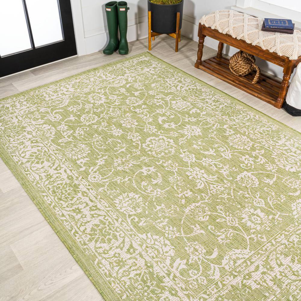4' x 6' Tela Bohemian Styled Textured Weave Floral Indoor/Outdoor Area Rug, Green/Cream - JONATHAN Y