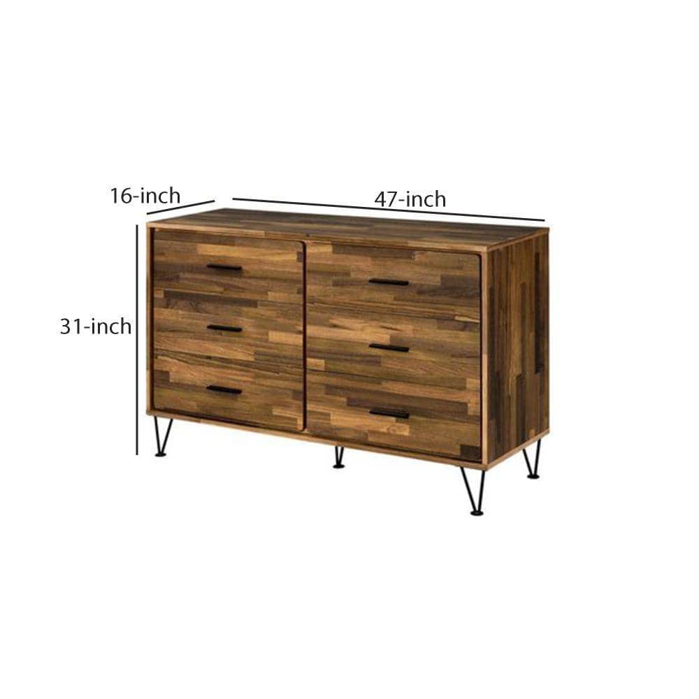 Dresser with 6 Drawers and Butcher Block Pattern Brown - Benzara