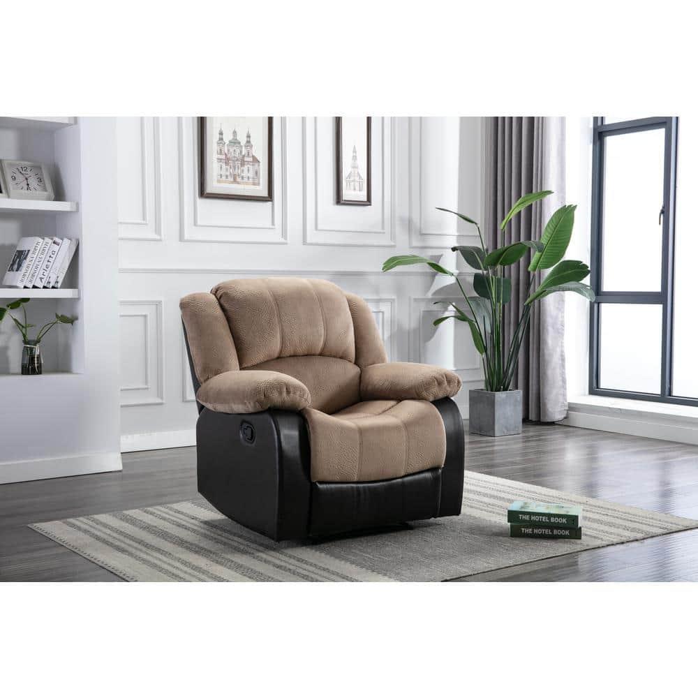Nathaniel Home Champion Manual Single Reclining Sofa, PU Leather Upholstered Couch, Tufted Recliner, Plush Scoop Seating, for Living Room Home Theater, Beige