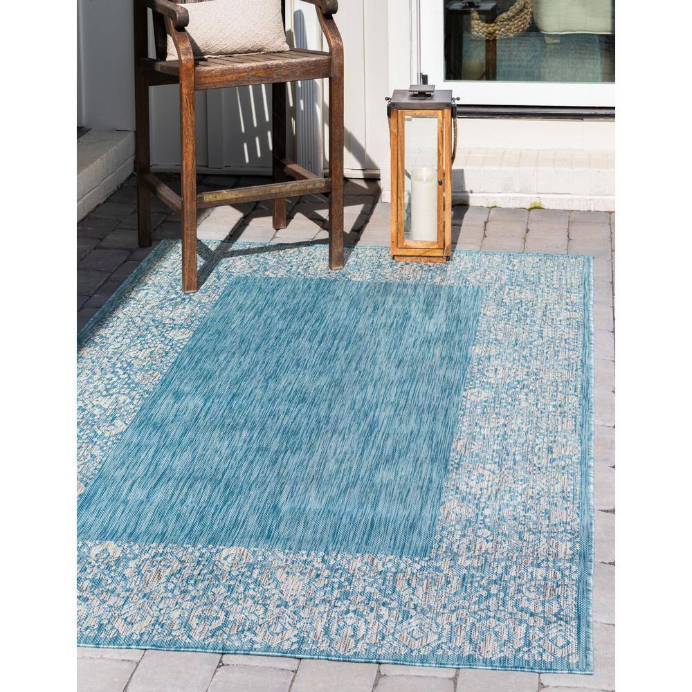 Unique Loom 7' 1 x 10' 0 Rectangle Indoor/Outdoor Border Aqua Area Rug