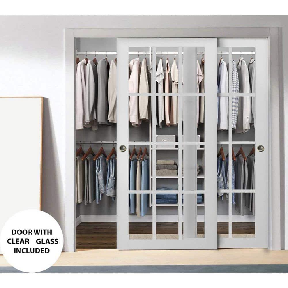 Sliding Closet 12 lites Bypass Doors | Felicia 3355 | Sturdy Rails Moldings Trims Hardware Set | Wood Solid Bedroom Wardrobe Doors