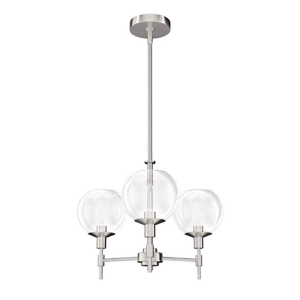 Hunter - Xidane 3-light Brushed Nickel, Medium Size Chandelier, Dimmable, Mid Century Modern Style, Candle Shaped, for Bedrooms, Kitchens, Dining, Living Rooms - 19740