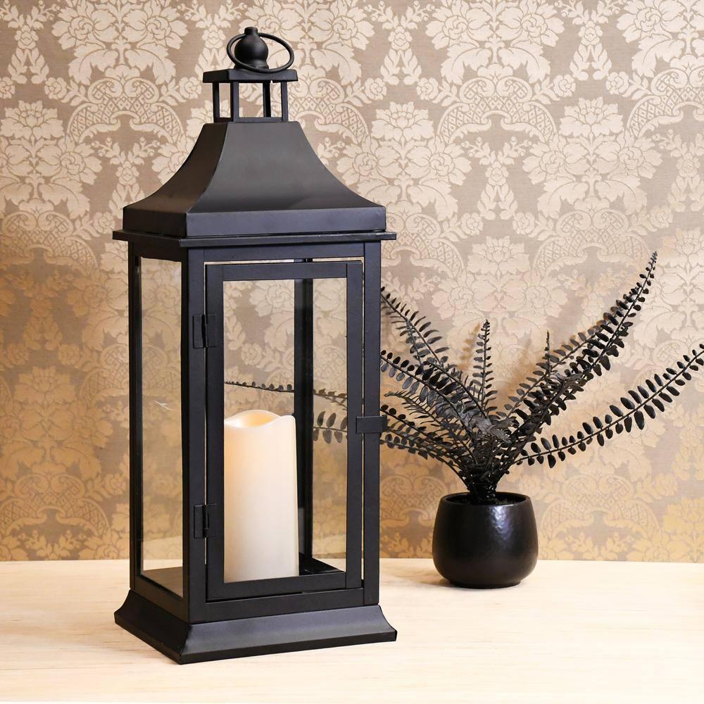 LumaBase Metal Lantern with Battery Operated Candle - Black (Tall)