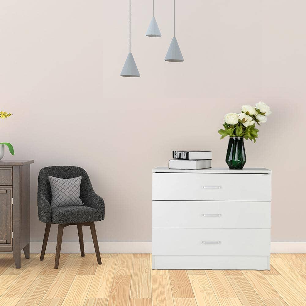 White Drawer Chest, Wood Dresser with 3 Drawer, Drawer Cabinet Storage Drawer Unit, Nightstand for Bedroom