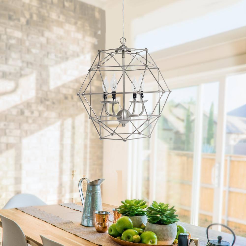 4 Light Hexagon Industrial Rustic Pendant Light, Brushed Nickel