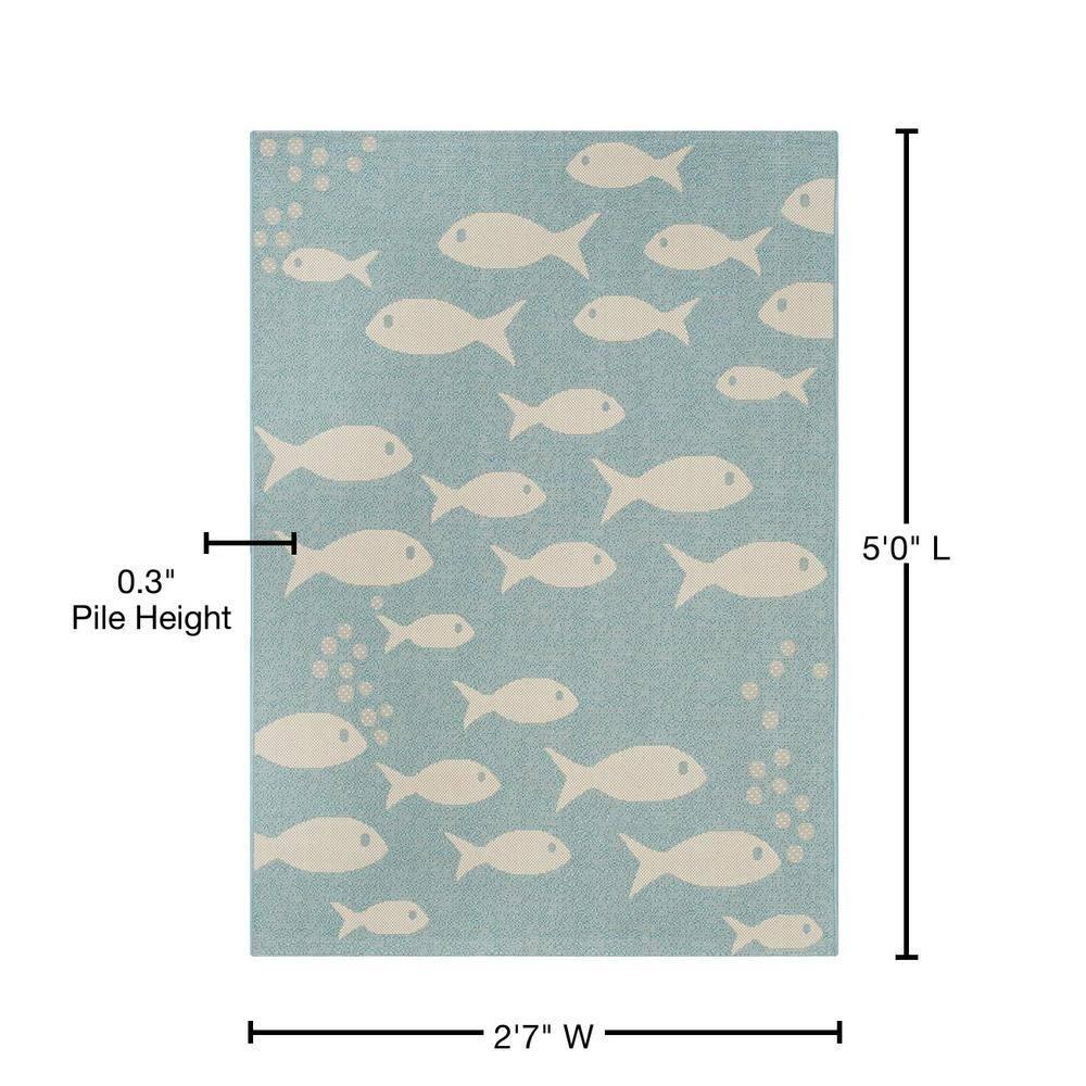 SAFAVIEH Courtyard Trena Fish Print Indoor/Outdoor Area Rug, 2'7" x 5', Aqua/Beige