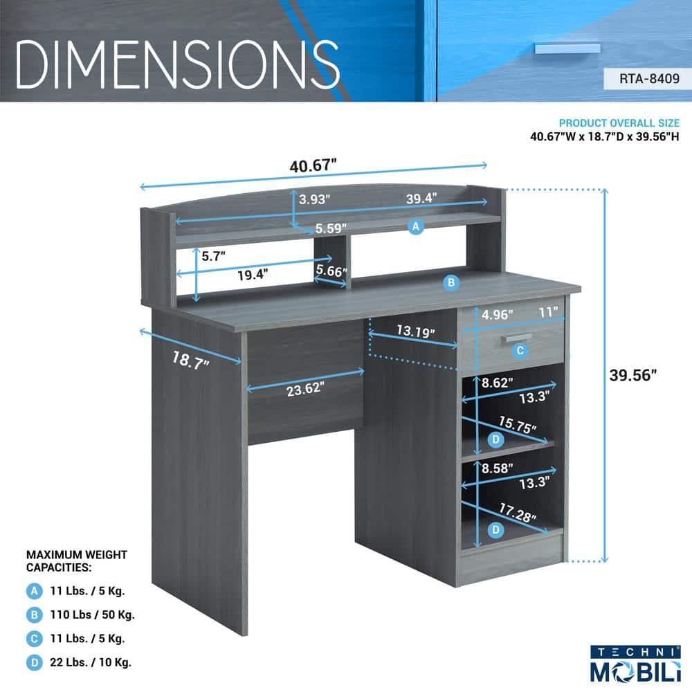 Modern Office Desk with Hutch Gray - Techni Mobili: Laminated Particle Board, Storage Hutch