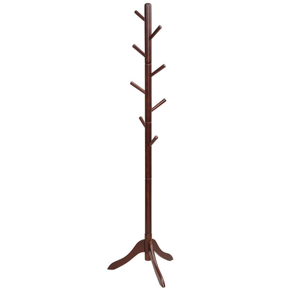Costway Wooden Coat Rack Stand Entryway Hall Tree 2 Adjustable Height w/ 8 Hooks Brown