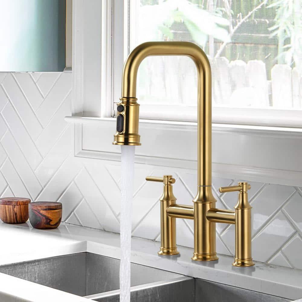 Double Handle Bridge Kitchen Faucet with Advanced Spray in Gold