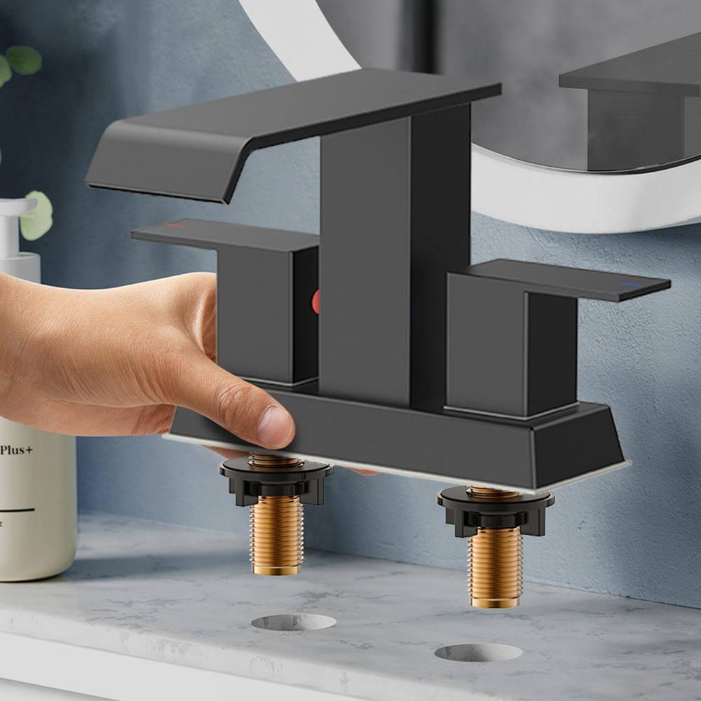 Matte Black Ceramic Disc Double Handle Bathroom Faucet with Pop-Up Drain Kit