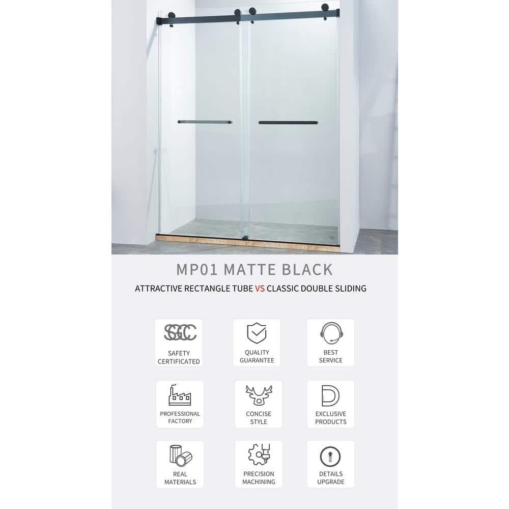 LAWRENCE 56-60"W X 75"H Frameless Double Sliding Shower Door, 304 Stainless Steel In Matte Black, 5/16" (8Mm) Thick SGCC Tempered Clear Glass. | Wayfair