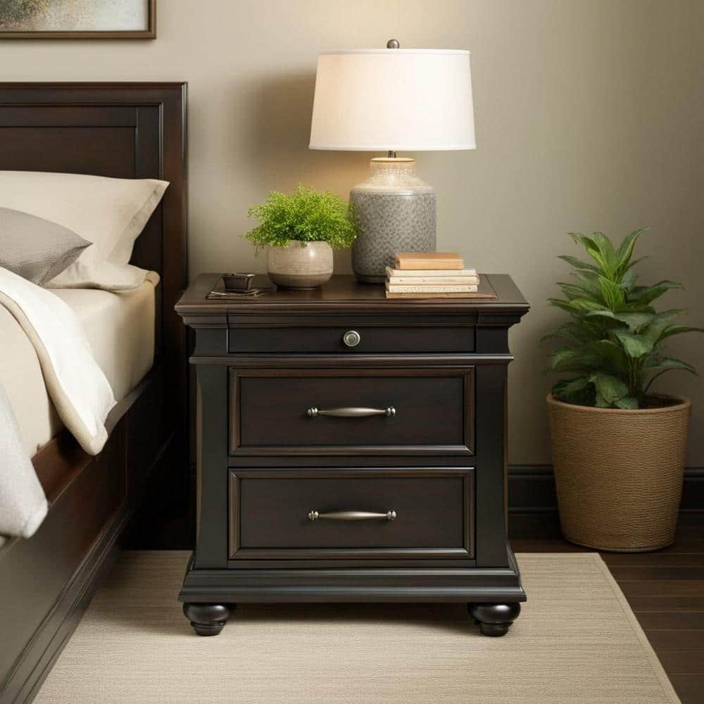 Brooks 3 Drawer Nightstand with USB Ports Black - Picket House Furnishings: Bedroom Storage, Felt-Lined Drawer