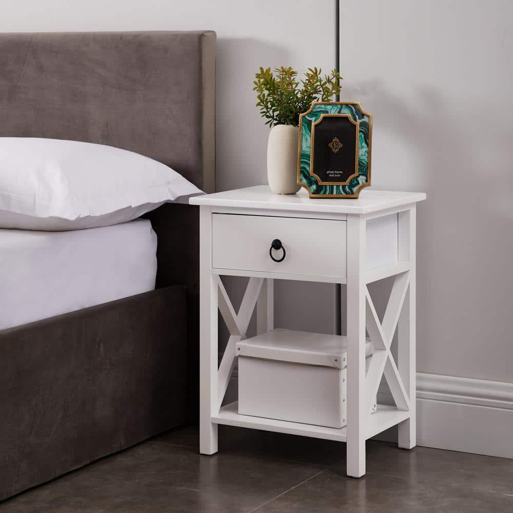 12 in. White Rectangle Wood End Table with Drawer and Shelf Solid Narrow Side Table For Bedrooms Ideal For Small Spaces