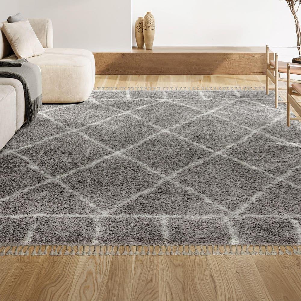 5'x8' Mercer Shag Plush Tassel Moroccan Geometric Trellis Area Rug, Grey/Cream - JONATHAN Y