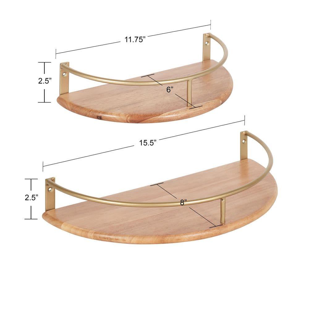 Kate and Laurel Camryn Half Circle Wood Floating Shelf, 2 Piece, Natural and Gold