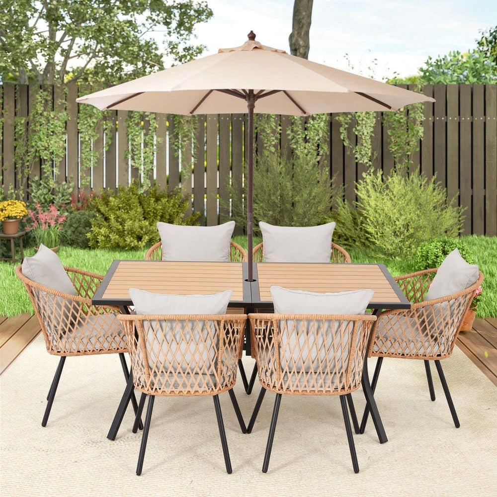 EROMMY 7 Piece Outdoor Dining Table Set, Patio Table And Chairs Set With 6 Rattan Chairs, Rectangular Table With Umbrella Hole, All-weather Patio Furniture For Backyard, Lawn, Garden
