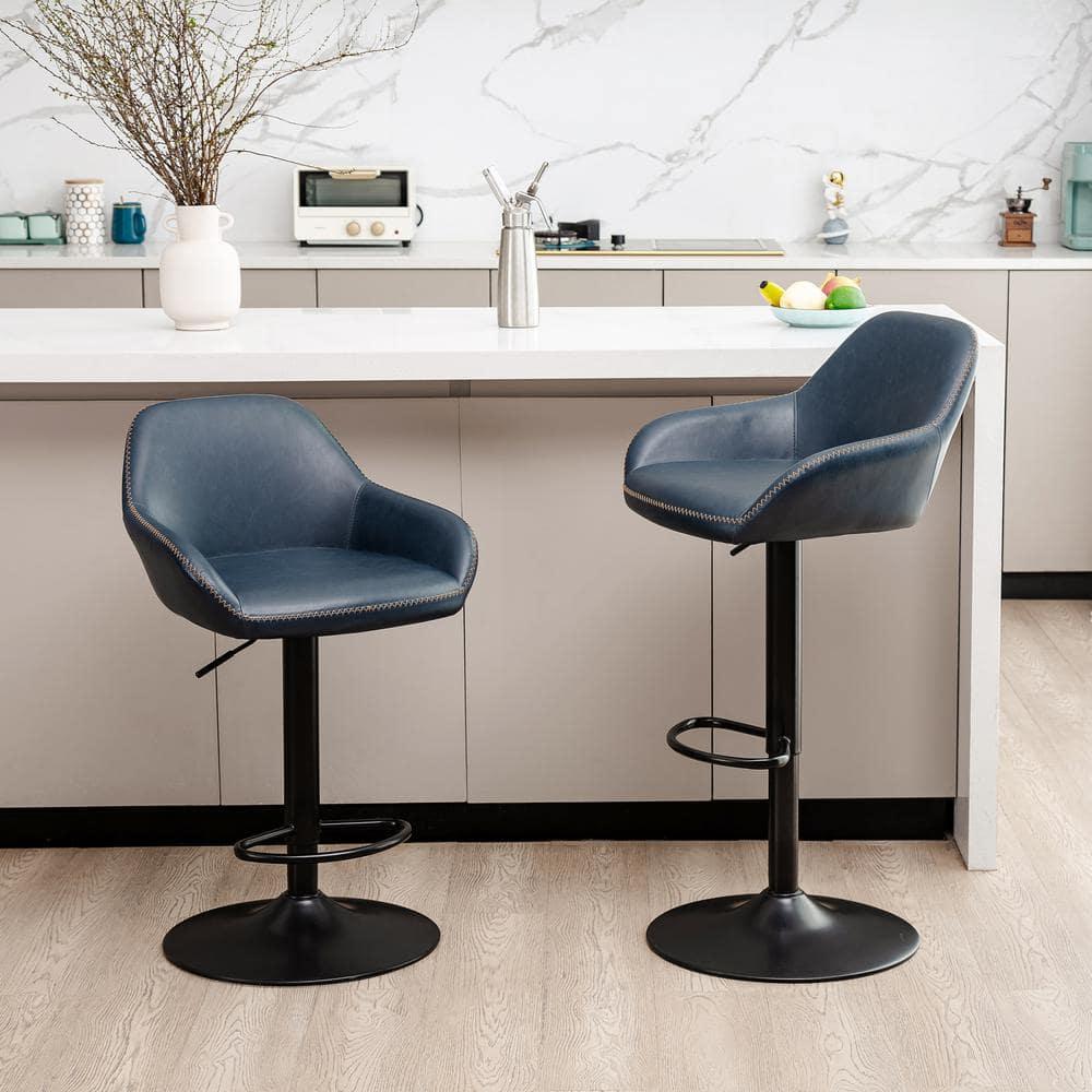 Glitzhome  42"H Mid-Century Adjustable Faux Leather Swivel Bar Stools Low Back Navy Blue Set of 2 Foam, Steel Faux Leather, Foam Footrest, Padded