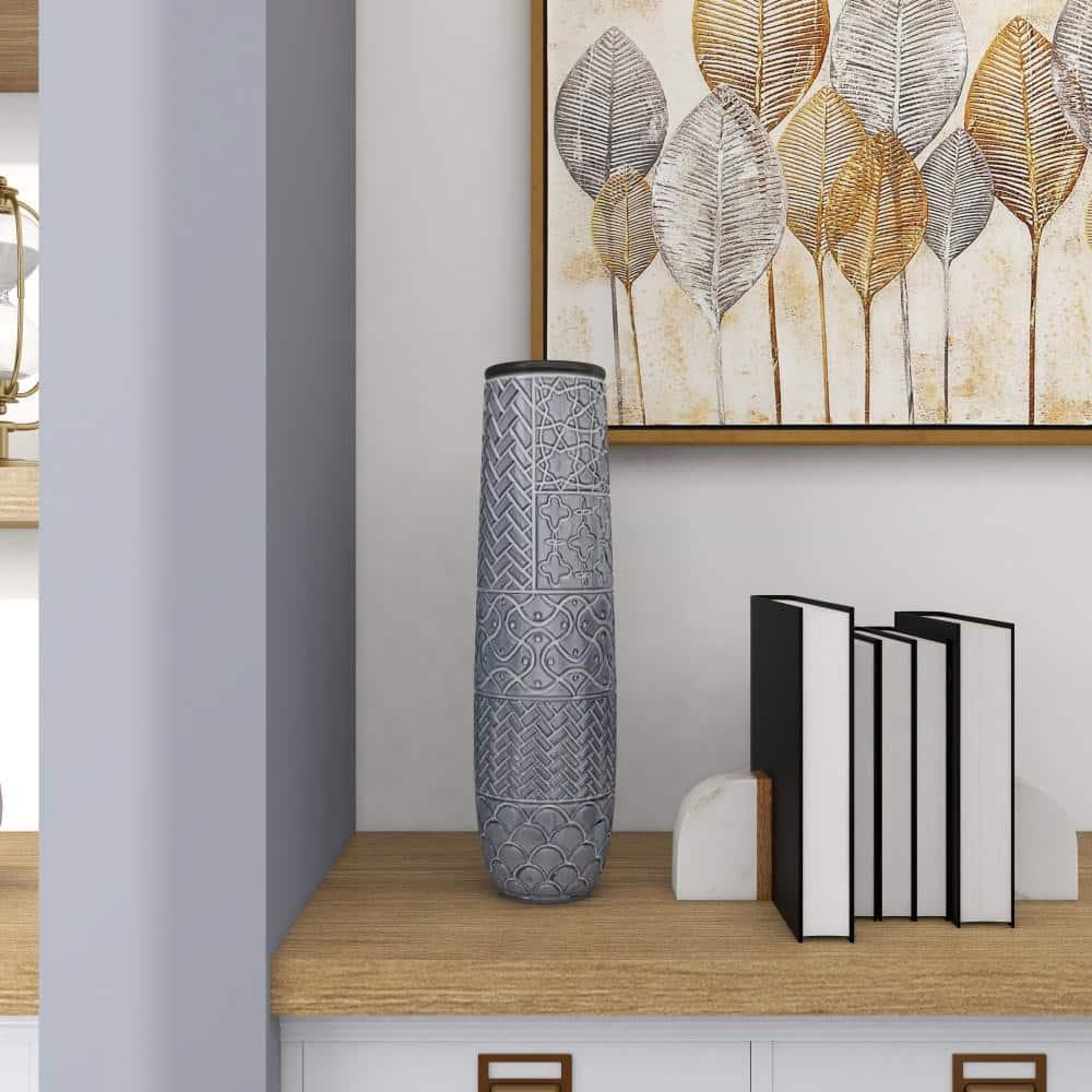 Bungalow Rose Ceramic Slim Engraved Patterned Decorative Gray Vase