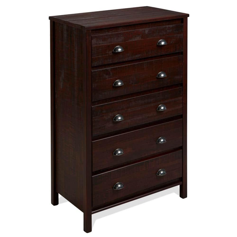 Camaflexi Baja 5 Drawer Chest Wooden Night Stand Bedroom Dresser Storage Cabinet, Walnut