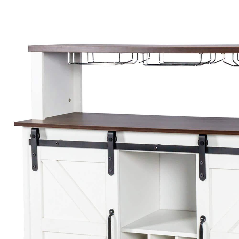 47.24 in. White and Dark Brown MDF Coffee Bar Wine Cabinet with Sliding Barn Door