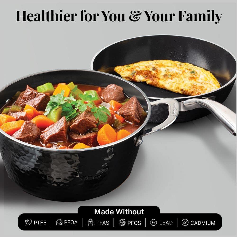 Gotham Steel Hammered Stock Pot 5 Quart Large Soup Pasta Pot Nonstick Ceramic Cooking with Glass Lid Black