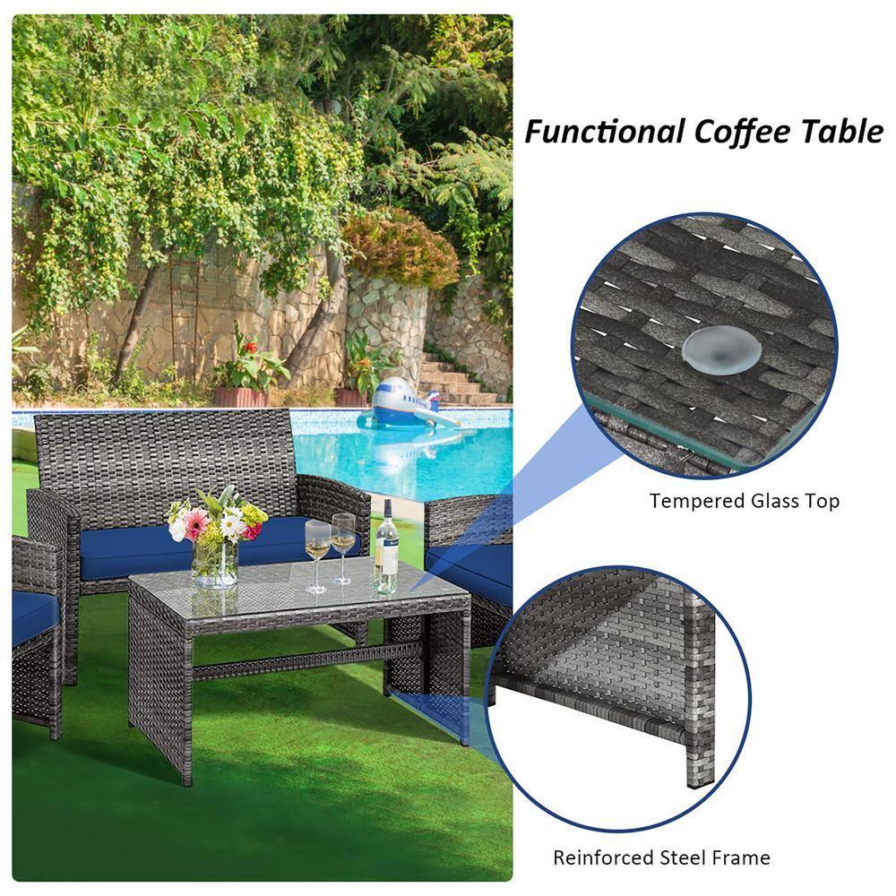 Resenkos 4 Pieces Outdoor Rattan Furniture Set, Wicker Furniture Sets, Patio Conversation Sets with Coffee Table Cushioned Sofa-Red