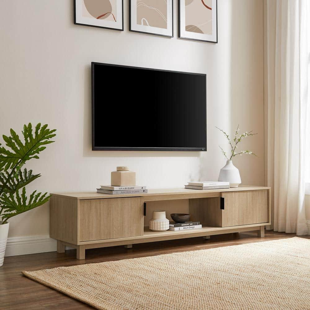 Walker Edison Mid-Century Modern Reeded 2-Door TV Stand for TVs up to 80”, Coastal Oak