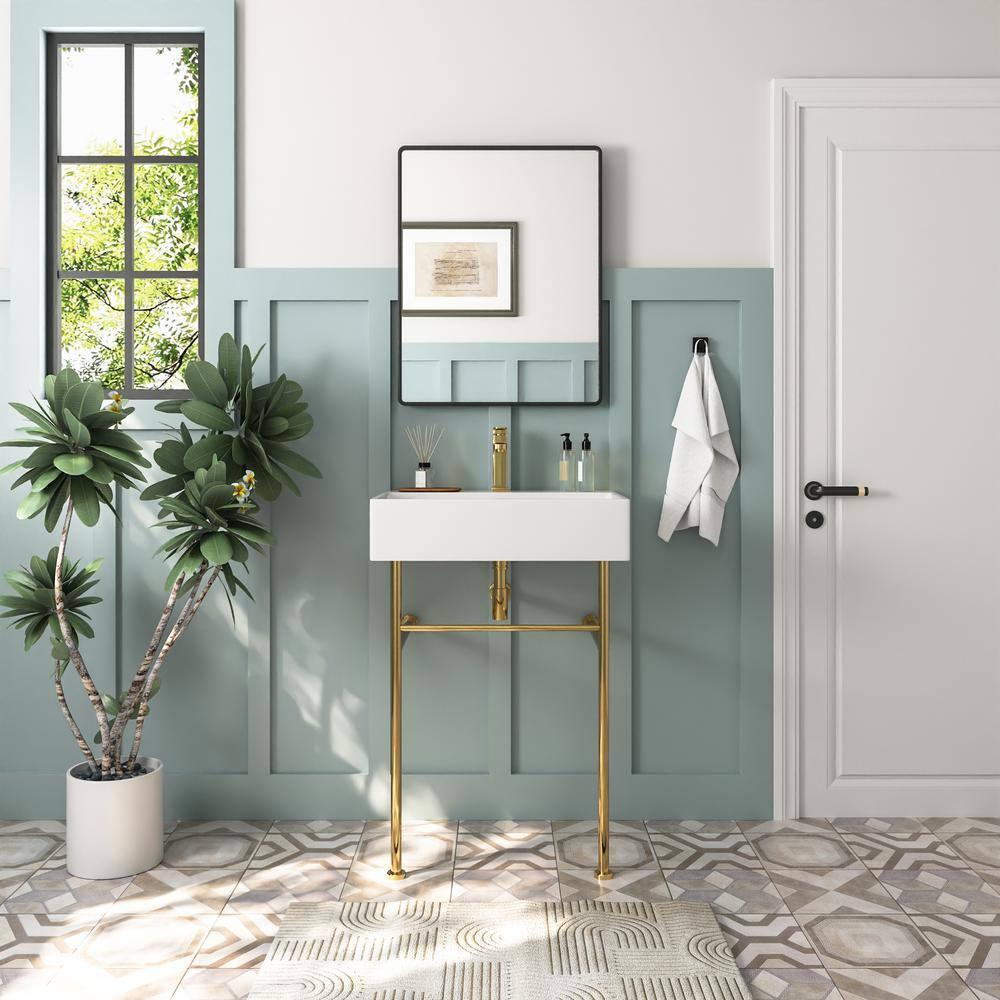 Ceramic White Rectangular Single Faucet Hole 24 in Console Bathroom Sink with Overflow