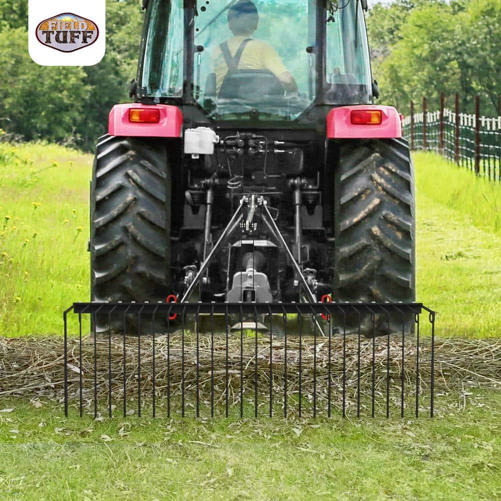 Field Tuff Steel Spring Coil Tine Tow Behind Landscape Rake for Leaves, Pine Needles, Straw, and Grass with 3 Point Hitch Receiver Attachment, Black