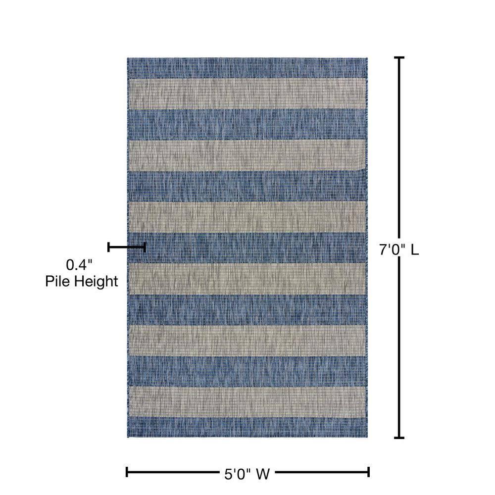 LR Home Camila 5' x 7', Gray/Blue Stripe Fade, Stain, and Moisture Resistant Indoor/Outdoor Area Rug