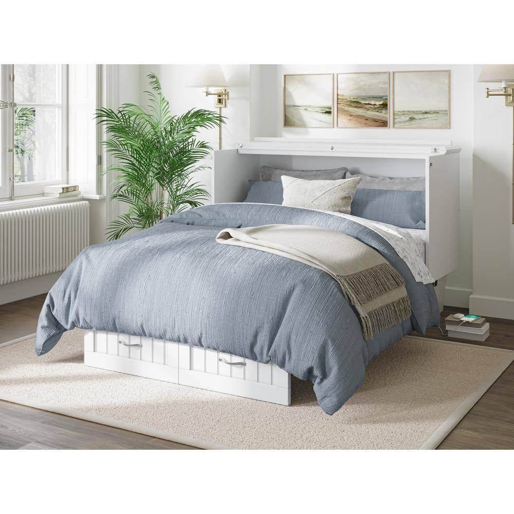 Nantucket Full Size Wood Murphy Bed Chest w/Mattress & Built-in Charger in White